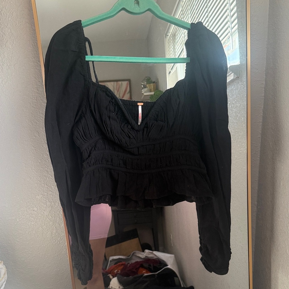 Free People Black Long-Sleeve Smocked Peplum Top - Women